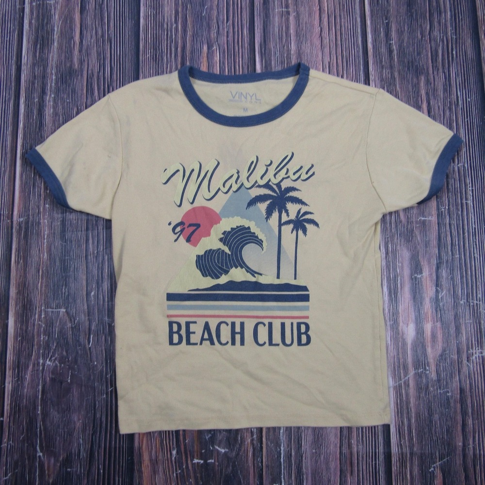VINYL ICONS Womens Medium Beige Ringer T Shirt Malibu Beach Club‎ Graphic